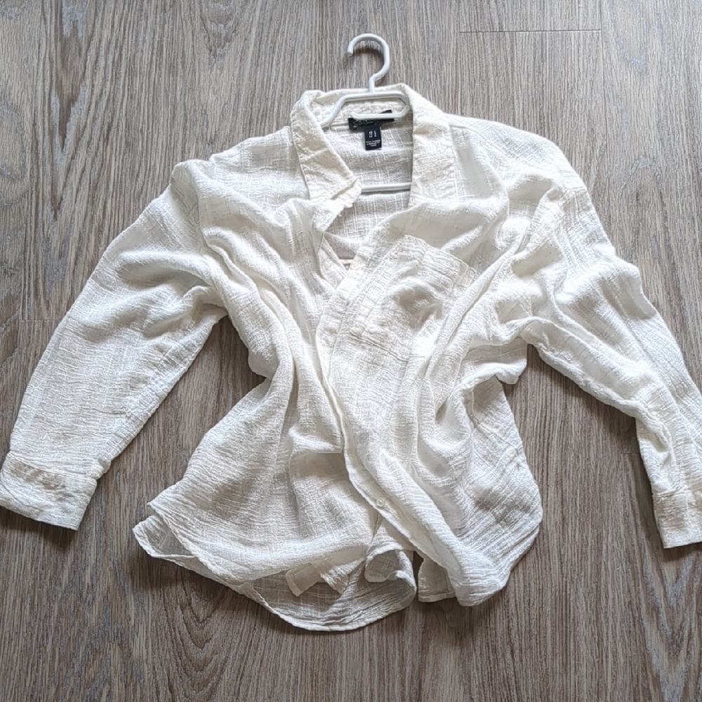 Large White Button Long Sleeve Shirt Blouse Women's Sheer